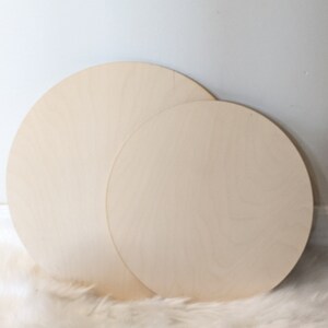 May include: Two unfinished wooden circles, one larger than the other, on a white fluffy surface.
