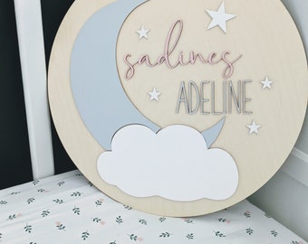 Moon and Stars Wooden Name Sign, Twinkle Twinkle Nursery Sign, Girl Astrology Name Sign, 16" Moon and Stars Round Name Sign, Cloud cutout