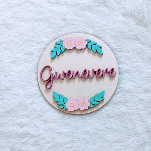 Floral Boho Nursery Wood Sign, Floral Custom Baby Name Sign, Personalized Pink Girl Nursery Wall Art, 3D Wood Letter Round Nursery Sign