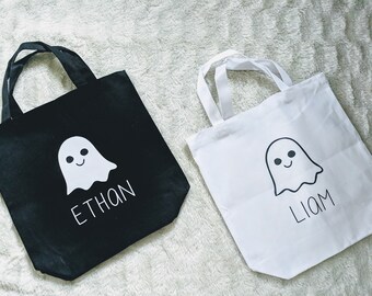 Personalized Ghost Halloween Tote Bag, Halloween Treat Bags, Canvas Halloween Bags for Kids, Halloween Bags for Trick or Treating