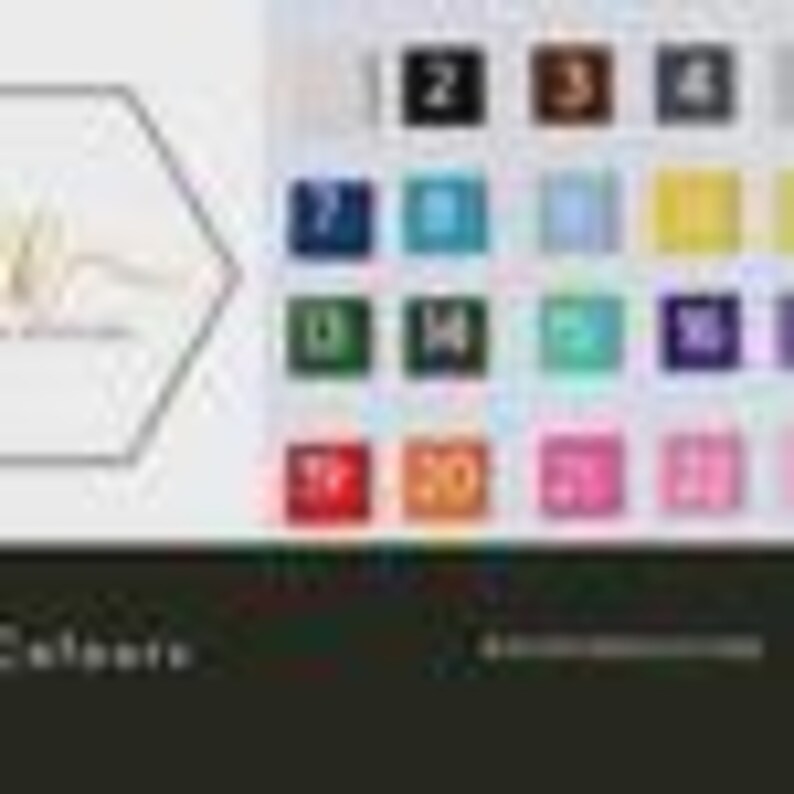 May include: A colour chart with numbered squares in various colours, including blue, green, yellow, and pink. The chart is labelled "Colours" and features a gold logo in the upper left corner.