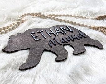 Large Wood Bear Name Sign for Nursery, Forrest Animal baby boy room decor, Personalized Mountain Theme Kids Room, Nuetral Woodland Name Sign