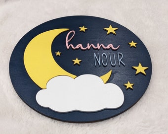 Moon and Stars Wooden Name Sign, Twinkle Twinkle Nursery Sign, Night Sky Bedroom Decor, Wooden Baby Name Signs, Round personalized nursery