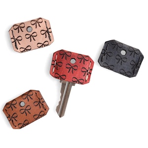 May include: Key covers in various colors, including red, brown, pink, and black. Each cover is rectangular with a bow pattern and a hole for the key ring. One key is inserted into a red cover.
