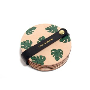 Leather Monstera Leaf Print Coasters, Leather Coaster Set