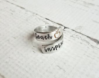 Teach, Inspire, Wrap Ring, Teacher Gift, Inspirational, Christmas, Apple, Love, Handstamped, Gift, Adjustable, Hammered, Aluminum, For Her
