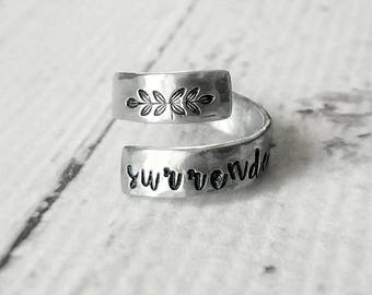 Surrender, Wrap Ring, Saying, Inspirational, Layered, Handstamped, Custom Gift, Adjustable, Ring, Hammered, Aluminum, For Her, Under 20