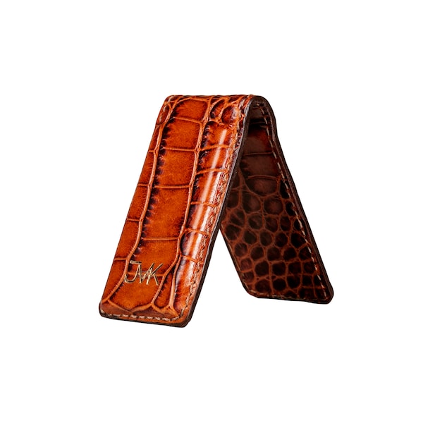 Money clip tan embossed croc leather