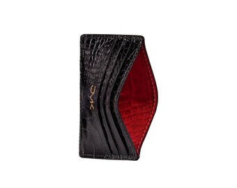 Card holder 6 slots black embossed croc leather