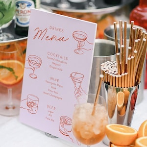 Menù modificabile per cocktail bar, cartello illustrato a mano, biglietti per cocktail nuziali, illustrazione di Martini, Whiskey e Margarita DOWNLOAD DIGITALE