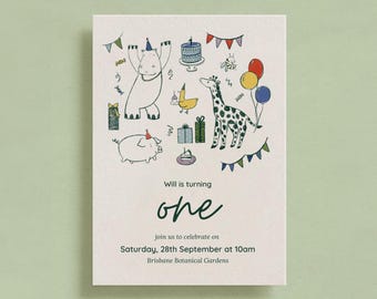 Peut inclure: Une invitation d'anniversaire colorée avec une illustration fantaisiste d'animaux, dont un hippopotame, une girafe, un cochon et un canard. Le texte indique "Will a un an, rejoignez-nous pour fêter son anniversaire le samedi 28 septembre à 10h, Brisbane Botanical Gardens."
