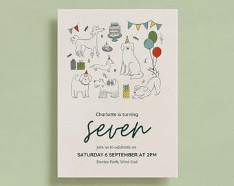 May include: A cream-colored birthday invitation featuring line drawings of dogs, gifts, balloons, and a cake. The text reads "Charlotte is turning seven" and includes event details: Saturday, September 6th at 2 PM, Davies Park, West End.
