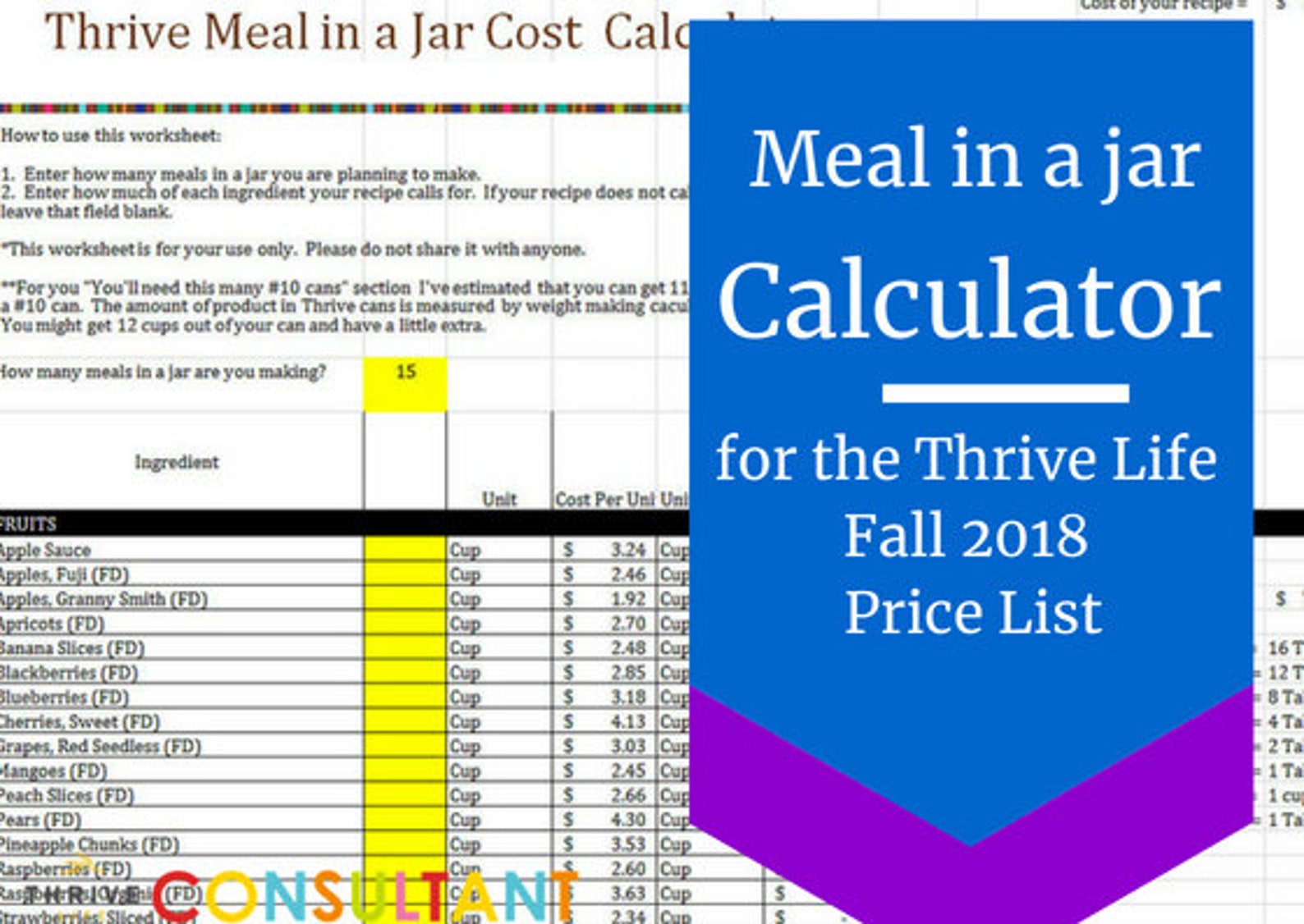 Meal in a Jar Recipe Cost Calculator Thrive Life Fall 2018 Etsy