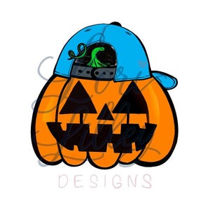 May include: A bright orange jack-o'-lantern pumpkin wearing a vibrant blue baseball cap. The pumpkin features a carved black triangular eye design and a jagged mouth. A small green stem is visible protruding from the top of the pumpkin.