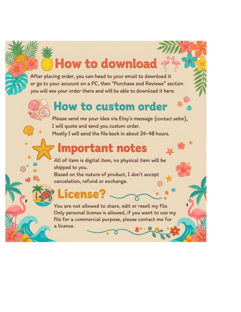 May include: A beige informational graphic with tropical illustrations of flamingos, pineapples, hibiscus flowers, and seashells. The text includes sections titled How to download, How to custom order, Important notes, and License, detailing digital file policies.