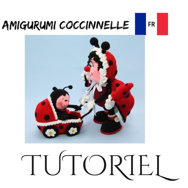 Amigurumi : maman coccinelle et son bébé dans la poussette avec un parapluie