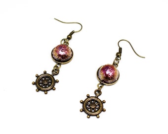 Boucles d'oreilles dôme rose cuivré et barre bateau