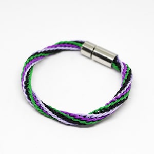 Braided bracelet in purple, black, mauve and green nylon thread