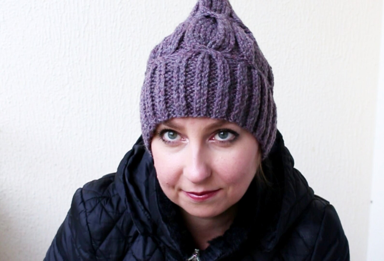 Bonnet Violet En Laine Peignée Tricoté Main - Taille M, Fait Main En France