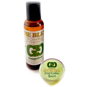 Piercing Aftercare Gauge Gear Ear Stretching Balm (10mL) & &quot;The Blend&quot; (2oz) Oil Conditioning Mix, Stretched Ear Aftercare, Ear Plugs