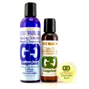Premium Stretched Ear Aftercare Kit | Piercing Aftercare | Ear Stretching Balm, Skin Conditioning Oil, Saline | 100% Natural | Gauge Gear®