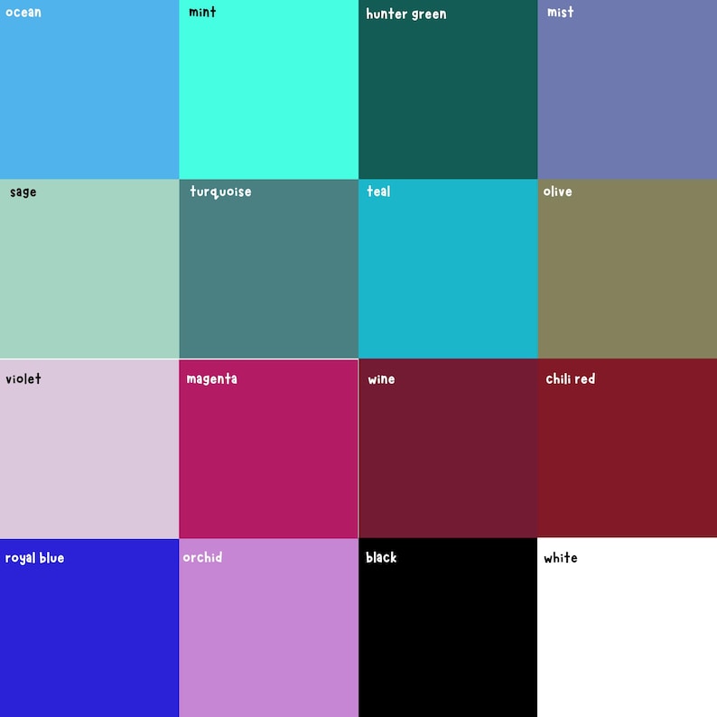 Op de afbeelding: Een kleurenpalet met zestien verschillende kleurstalen. Kleuren zijn onder meer oceaan, munt, jagergroen, mist, salie, turkoois, blauwgroen, olijf, violet, magenta, wijn, chilirood, koningsblauw, orchidee, zwart en wit.