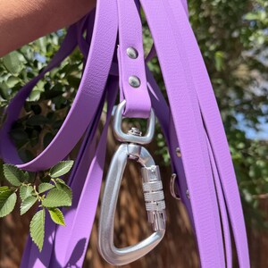 Op de afbeelding: Een paarse hondenriem met een zilveren karabijnhaak. De riem is gemaakt van een glad, duurzaam materiaal en heeft een stevige metalen clip voor een veilige bevestiging aan de halsband of het tuigje van een hond. De riem wordt getoond tegen een achtergrond van groen gebladerte.