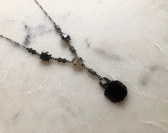 Antique Art Deco Sterling Silver Necklace with Marcasites and Onyx, c. 1930. Probably made in Germany.