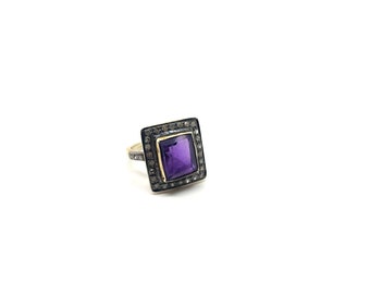 Art Deco Antique Amethyst Statement Ring with Diamonds made of Gold and Sterling Silver, c. 1920