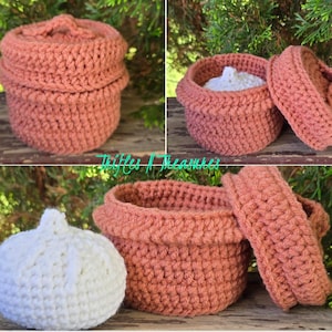 May include: A set of three crochet baskets in a warm terracotta color. One basket is closed with a matching lid, another is open with a white crochet ball inside, and the third is open with the lid beside it. The baskets are handmade.