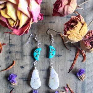 Pink opal earrings// moon earrings// boho// dangle earrings// crystal jewelry// gemstones