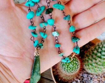 Gemstone choker necklace // Mini moss agate pendant // Turquoise beads// crystal jewelry// gemstone necklace// choker// boho