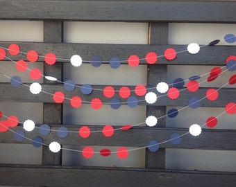 Garland,  1 inch scalloped circle garland. Birthday party decoration, Red, White & Blue