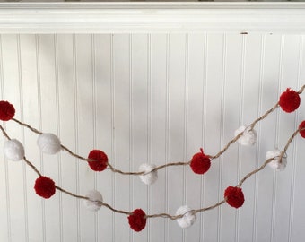 Pom Pom lighted garland, Red and White Pom Pom garland.