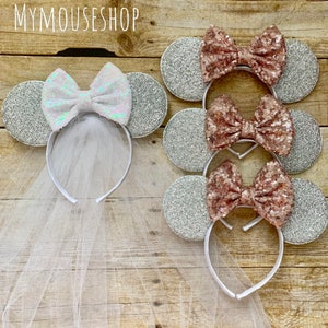 Rose Gold Sequins White Bow Silver Minnie Mouse Ears Headband Bachelorette Party Wedding Bride Bridal Veil Shower Disney 30 Plus Colors