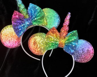 Minnie Mouse Sequins Bow And Ear Headband - Rainbow With Unicorn Horn Unicorn Minnie Ears Headband for Girls Adults Rainbow Ombre  main image 4