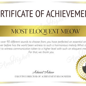 Most Eloquent Meow Certificate, Instant Download