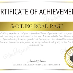 Avoiding Road Rage Certificate, Instant Download