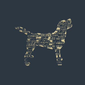 May include: A navy blue silhouette of a dog filled with words like "comfort," "home," and "treats" in a cream color. The dog shape is centered on a navy blue background, creating a simple yet heartwarming design.