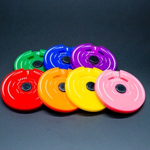 May include: A set of eight colorful round plastic tokens with white numbers and concentric circles. The tokens are red, orange, yellow, green, blue, purple, pink, and white.