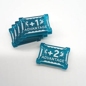 May include: A collection of translucent teal rectangular game tokens with notched edges. Several tokens are stacked, each featuring the white text +1 ADVANTAGE with graphic starburst icons. One separate token displays the white text +2 ADVANTAGE.