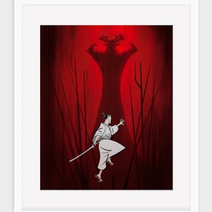 Puede incluir: Una ilustración estilizada de un guerrero samurái con una túnica blanca, sosteniendo una espada, saltando hacia una gran figura roja y sombría con cuernos. El fondo es de color rojo oscuro con finas ramas negras.