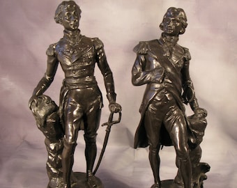 Antique Victorian Large Sylvain Kinsburg Statuettes on Marble Base Admiral Lord Horatio Nelson Duke Of Wellington Circa 1900