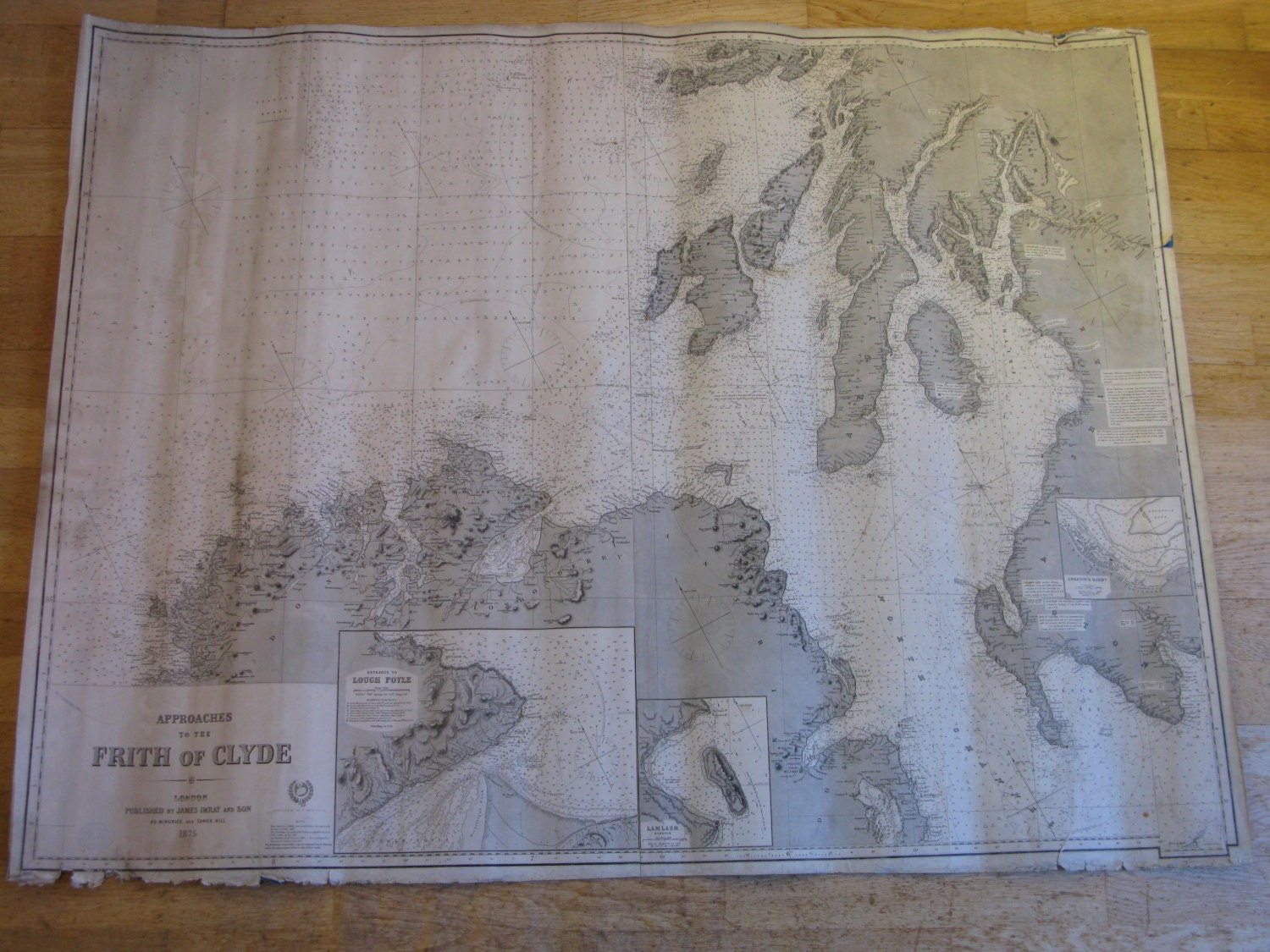 Image of Extremely Rare Antique Victorian Blue-Backed Nautical Marine Chart Map Approaches To Frith Of Clyde James Imray & Son London England 1889