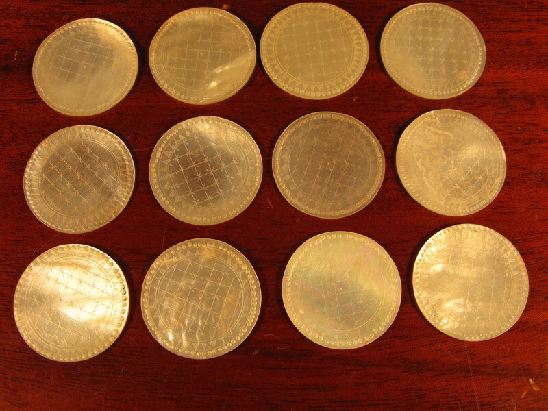 Image of 12 Round Gaming Tokens Antique Oriental Mother Of Pearl Chinese Hand Carved C1820