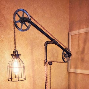 Industrial Pulley Floor Lamp - Standing Light - Metal Pulleys and Rope Lamp