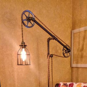 Industrial Pulley Floor Lamp - Standing Light - Metal Pulleys and Rope Lamp