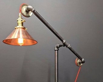 Standing Pulley Lamp - Antique Brass Accents - Industrial Reading Light - Metal Shade