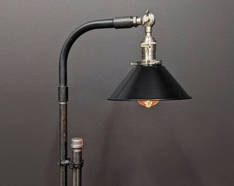Industrial Floor Lamp - Standing Light - Silver Accents with Metal Shade - Rope Cord