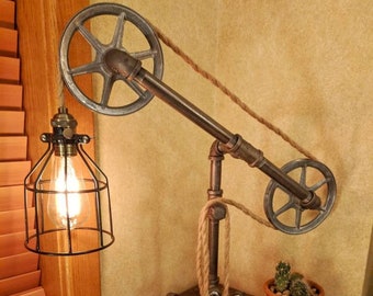 Industrial Pulley Desk Lamp: Metal Pipe, Rope Accent